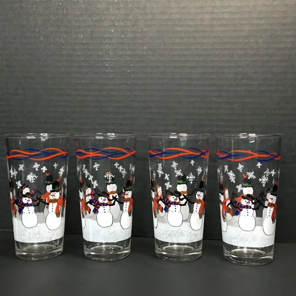 KIG Set of 4 Vintage Snowman Tea Water Drinking Glasses Tumblers Barware
